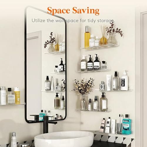 Lifewit Floating Shelves for Bathroom, Acrylic Display Shelf Wall Mounted for Makeup, Skincare, Nail Polish, Book, 14" Perfume Organizer for Bedroom, Living Room, Nursery, Home Decor, Clear, 4 Pack thumbnail 4