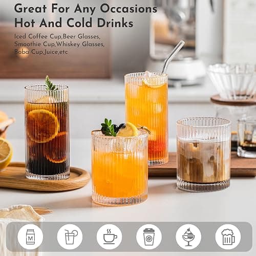 INSETLAN Set of 8 Vintage Glassware - 4 Highball Glasses 12 oz, 4 Rocks Glass Cups 14 oz, Ribbed Glassware Cocktail Glasses, Ideal for Wine, Juice, Water, Ice Coffee Cup, Whiskey, Mixed Drinkware thumbnail 4