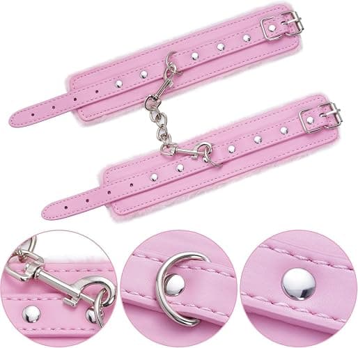 New Pink PU Leather Cuffs Soft Furry Wrist Sex Hand Cuff Bracelets Handcuffs for Grownups Bedroom Set for Adults Hand Cuffs for Women Couples Bondage Restraints Set Sweater Yoga B042 thumbnail 3