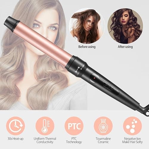 Curling Iron Wand, 3 in 1 Curling Wand Set with Ceramic Barrel for Long/Medium Hair, 0.35"-1.25" Interchangeable Hair Curler Wand, Dual Voltage, Includes Glove & Clips thumbnail 2