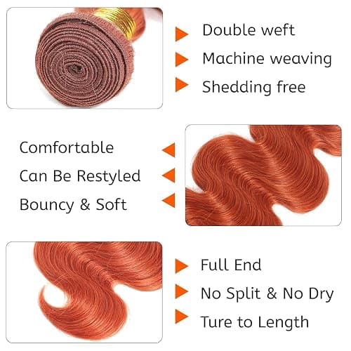 Fumuakoor 26 28 30 Inch Color #350 Bundle Orange Body Wave Human Hair Bundles Unprocessed Virgin Hair Ginger Body Wave Bundle 50 Gram Per Bundle thumbnail 3