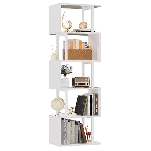 Furologee White Geometric Bookshelf 6 Tier S-Shaped Bookcase, Tall Modern Display Storage Shelf, Metal and Wood Decorative Freestanding Room Divider Shelves for Bedroom, Living Room, Office - Image 1