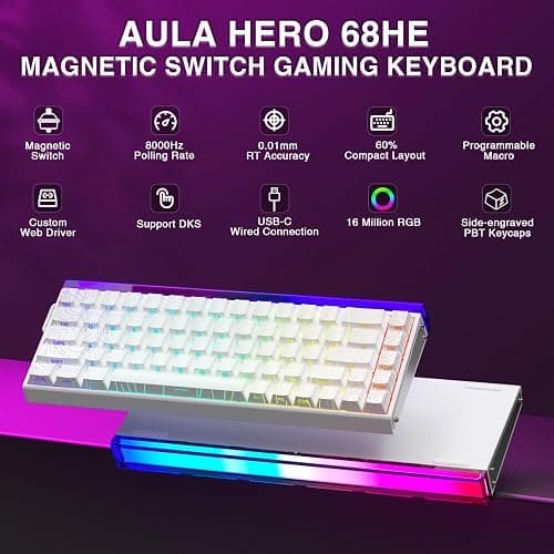 AULA Hero 68 HE 60% Gaming Keyboard Wired, Hall Effect Magnetic Switch Keyboard with 8K Hz Polling Rate, Side Printed PBT Keycaps, RGB Backlit Light Box, Customizable Web Software for PC/Mac Gamers thumbnail 2