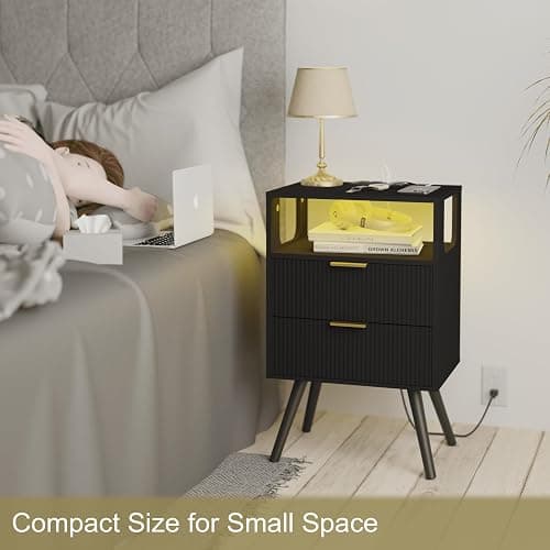 JOONEE Black Nightstand with Charging Station and LED Lights,Modern Bedside Table with 2 Storage Drawer and Open Wood Shelf, for Bedroom and Small Spaces,Night Stand with Solid Wood Legs,Black thumbnail 4