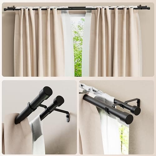Abiglifty 33 to 120 Inch Double Curtain Rod, 1 Inch Telescoping Double Curtain Rods for Windows, Black Double Curtain Rod with Classic Cap Finial, Black thumbnail 6