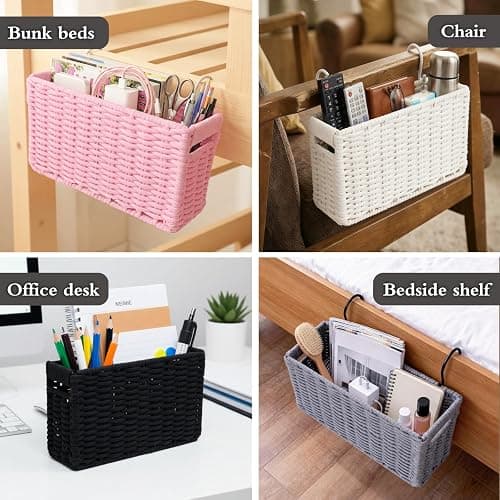Cotton Rope Woven Bedside Caddy for Dorm Bed, Foldable Bedside Shelf Bunk Bed Accessories, College Dorm Room Essentials Hanging Organizers Storage Basket, Room Decor Magazine File Holder (Black) thumbnail 6
