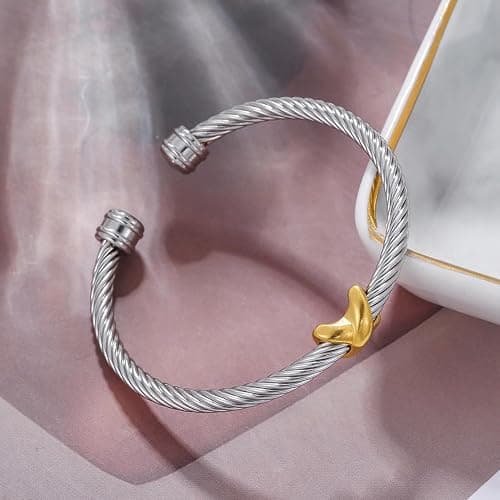 evoklo Cable Bracelets for Women Cuff Bracelets Two Tone Bracelets for Women Mixed Metal Bracelet Designer Dupes Gold and Silver Bracelet Designer Jewelry - 03-X thumbnail 2