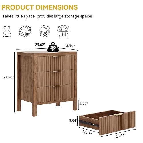 LSKTGA 3 Drawer Dresser for Bedroom, Modern Wooden Chest with Handles, Fluted Dresser with Wide Drawers and Bearing Slide for Hallway, Entryway, Walnut thumbnail 2