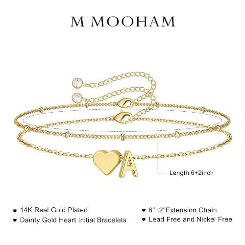 M MOOHAM Valentines Day Gifts for Kids Teen Girls -14K-Gold-Plated Heart Initial A-Z Bracelets for Women Girl Dainty Gold Bracelets Birthday Valentines Gifts for Women Her Teenage Girls Kid Teen Gift thumbnail 6