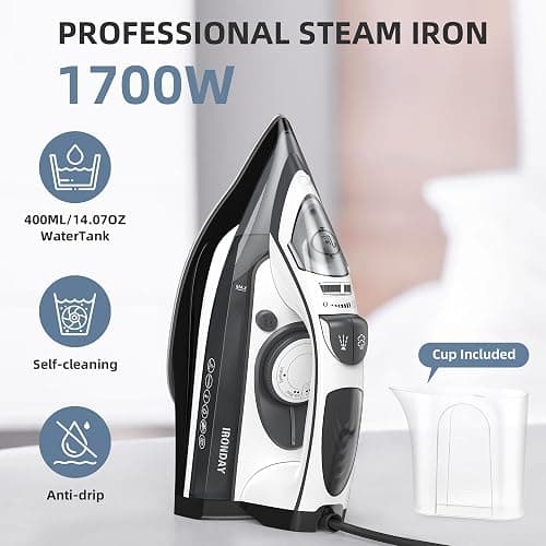 IRONDAY Steam Iron for Clothes 20s Fast Heat-up,1700W Iron with 14.07oz Large Water Tank,Non-Stick Ceramic Soleplate, Anti-Drip, Auto-Off, Burst Steam, Self-Cleaning, Ironing Clothes for Home, Grey thumbnail 4