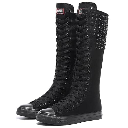 Momuk Long Rivet Knee High Canvas Boots Punk Style for Women & Girls - Image 1