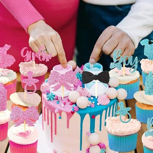 Tortendeko Babyparty, 30 Stück Boy or Girl Gender Reveal Party Kuchen Torten Dekoration, Cake Cupcake Topper Geschlecht Offenbaren Kuchendeko für Jungen Mädchen Baby Shower Geburtstag (Blau Rosa) thumbnail 2