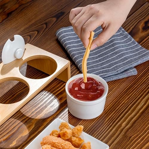MyGift 10 Pcs Sauce Serving Dish, Hosting Party Essentials Host Gift, 3 Ceramic Ramekin Chip Dip Bowls with Lids & Spoons, Premium Bamboo Server Tray, Condiment Pot Entertaining thumbnail 9