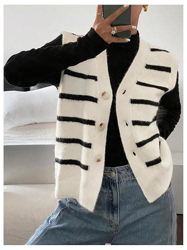 SHENHE Women's Striped Sweater Vest Sleeveless Button Up Dressy Casual Knit Vest Cardigan thumbnail 3