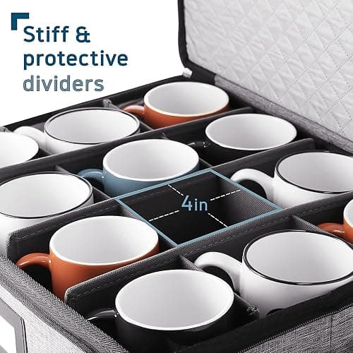 Hearth & Harbor Coffee Mug Storage, Quilted and Stackable Coffee Cup Storage Organizer for Service of 12, Mug Storage Box with Dividers, China Containers Hard Shell for Moving and Organization, Grey thumbnail 5