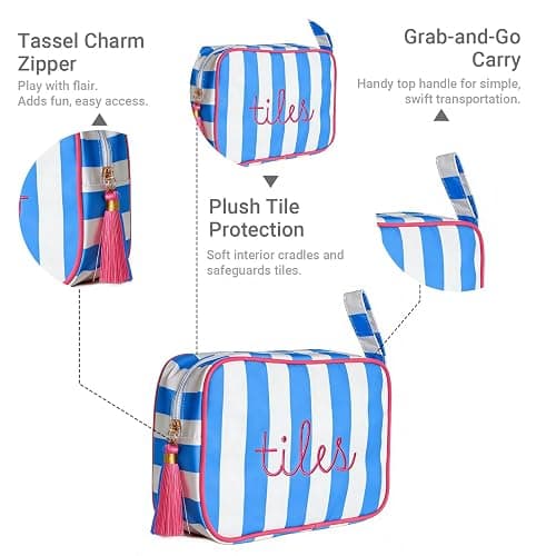 Mahjong Tile Bag with Handle - Stylish Blue & White Striped Case for 166 American Tiles (1.2"), Embroidered Design with Plush Interior & Tassel Zipper, Travel Organizer (Bag Only, Tiles Not Included) thumbnail 4