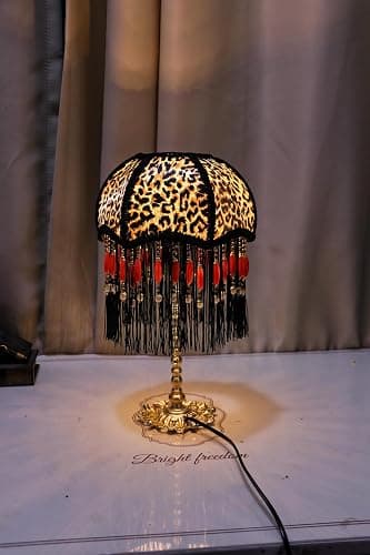 Rynbble Vintage Leopard Print Table Lamp with Black Tassels & Red Beads, Victorian Style Nightstand Lamp, Gold Brass Base, Retro Bohemian Accent Light for Bedroom, Living Room, Home Office thumbnail 4