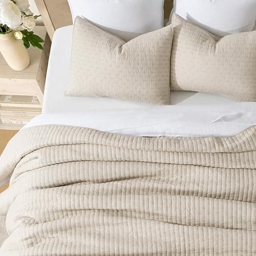 EVERGRACEHOME Cross Stitch Pre-Washed Cotton Quilt Bedding Set King Size, Oversized 3 Pieces Lightweight Bedspread Coverlet for All Season, with 2 Matching Shams, Flax Beige,118"x106" thumbnail 4
