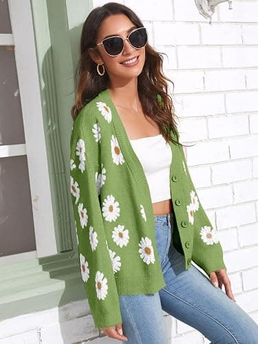 Women's Floral Print Cardigan Long Sleeve Open Front Button Down V Neck Knitted Sweaters thumbnail 3