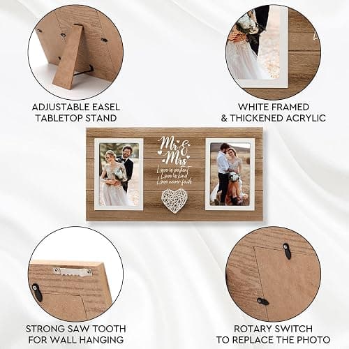 Calibron Personalized Wedding Gifts for Couples, Bridal Shower Gift for Bride, Mr & Mrs Photo Frame Holds 2pcs 4x6 Pictures, Unique Wedding Gifts for Newlyweds thumbnail 6