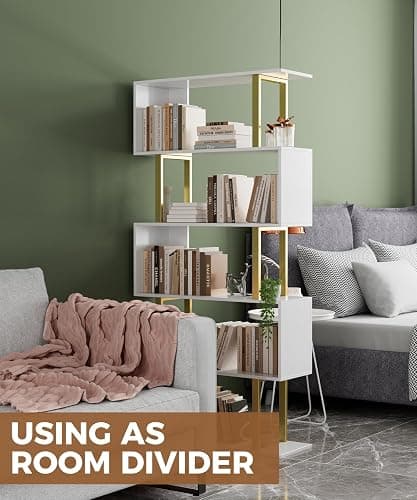 Gadroad 5 Tier Geometric Bookcase,S Shaped Bookshelf, Wood Decorative Storage Shelving, Modern Freestanding Display Shelves, Tall Book Shelf Unit for Living Room Bedroom, Gold thumbnail 5