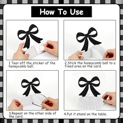 Cheerupp 8 Pcs Black Bow Glitter Honeycomb Centerpieces Decorations, Black White Table Toppers Decor, Bow 3D Table Signs for Baby Shower Bachelorette Birthday Party Supplies thumbnail 5