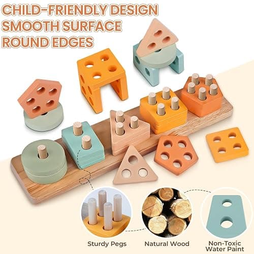 Montessori Baby Toys for 1 Year Old, Wooden Musical Instruments for Toddlers 1-3, Infant Sensory Teether, Stacking Toy Shape Sorter, Neutral Color Educational Birthday Gift for Kids 3+ (8 IN 1) thumbnail 2