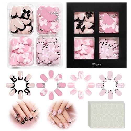 96 Stück Künstliche Fingernägel zum Aufkleben aus Buntem Kunststoff, Full Cover Press On Nails mit Schleifenmotiv, Wiederverwendbar für Frauen und Mädchen - Image 1
