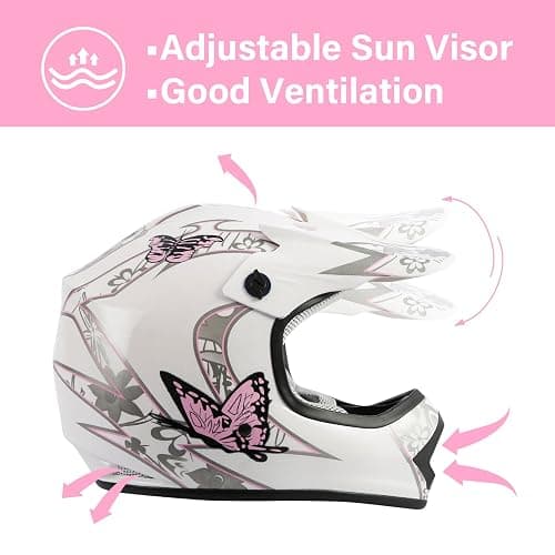 XFMT Youth Dirt Bike Helmet DOT Approved Kids Full Face Motocross Helmets | Motorcycle Riding Gear included Goggles & Gloves, Ultra-Lightweight, For ATV UTV, White Pink Butterfly X-Large thumbnail 2
