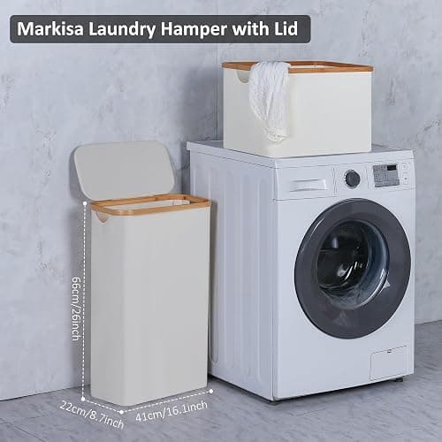 Merkisa Slim Laundry Hamper,Narrow laundry Hamper with Lid,60L Hamper for Laundry,Dirty Cloth Hamper with Bamboo Handle for Toys,Towels, Clothes Organizing,Beige thumbnail 3