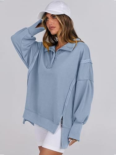ANRABESS Women's Sweatshirts Oversized Casual Loose Button Up Henley Pullover Top High Low Split 2025 Fall Fashion Outfits thumbnail 4