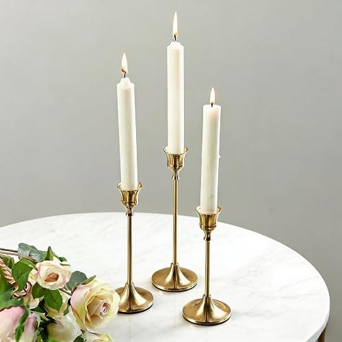 4 Sets(12 Pcs) Candle Stick Holders，Brass Gold Metal Taper Candle Holders, Vintage Modern Decorative Centerpiece Candlestick Holders for Table Mantel Wedding Housewarming Gift thumbnail 3