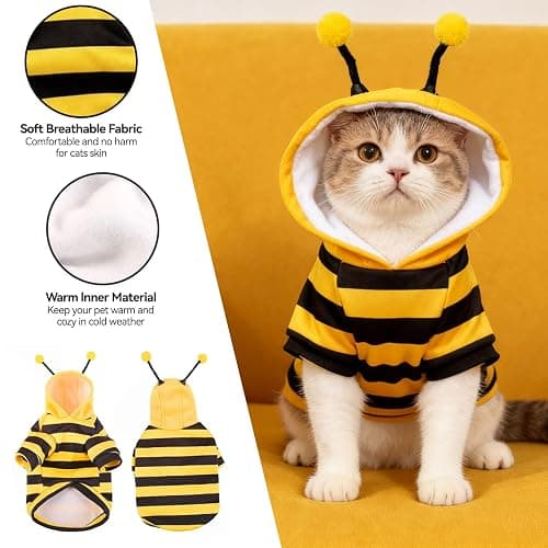 Bumblebee Cat Costume for Sphynx & Small Dogs, Fit Halloween, Yellow, XS | Cute Bee Stripes Hoodie, Soft Warm Fleece, Holiday Cosplay Outfit, Daily Leisure Wear, Easy to Put, Safe for Leash Walking thumbnail 5