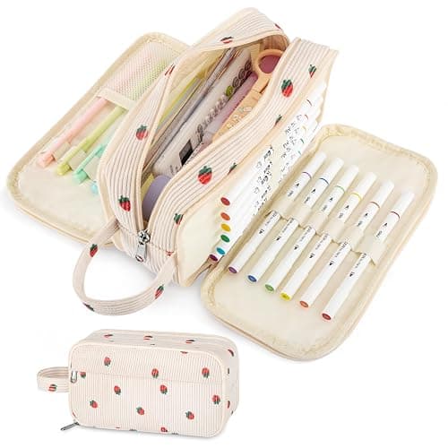YILANCOL Cute Corduroy Pencil Case Pouch with Handle,Extra Large 4 Compartment Aesthetic Pen Case Pouch Organizer Gifts for Teen Girls,School,College,Birthday Gifts (Beige Strawberry) - Image 1