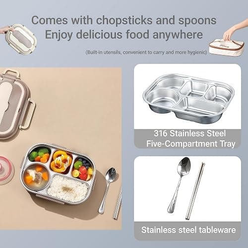 Adult Lunch Box Set, Five Compartments, Stainless Steel Construction, Easy to Clean, Heats Food by Adding Hot Water. thumbnail 4