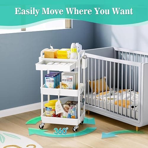 SUNALLY 3 Tier Rolling Cart with Drawer, Bathroom Storage Organizer with 2 Lockable Wheels, Multifunctional Rolling Storage Cart for Bathroom, Kitchen, Office, Craft, Makeup, Baby Essentials, White thumbnail 5