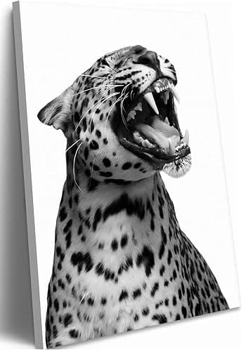 Cheetah Roaring Canvas Wall Art Black White Cheetah Print Funny Vintage Leopard Painting Picture Wall Decor Fashion Aesthetic Artwork for Dorm Bedroom Home Decoration 12x16in Framed - Image 1