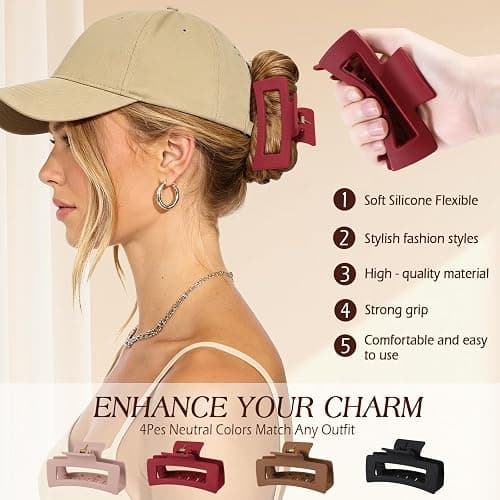 4 Pcs Flexible Hair Clip, 4.1Inch Flexible Claw Clip for Women Girls | Unsnappable Soft Claws Clips for Lying Down & Driving, Non-slip Strong Hold Hair Clips for Thin Thick Hair, Brown&Red thumbnail 2