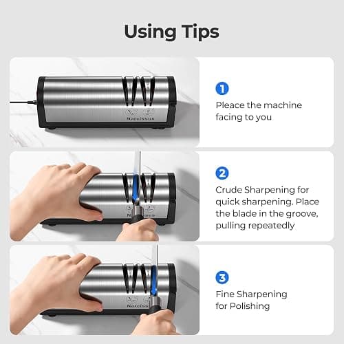 Narcissus Knife Sharpener, Professional 2 Stage Electric Knife Sharpener for Quick Sharpening & Polishing, with Scissors Sharpener and Metal Dust Collection Box, Stainless Steel, Silver thumbnail 5