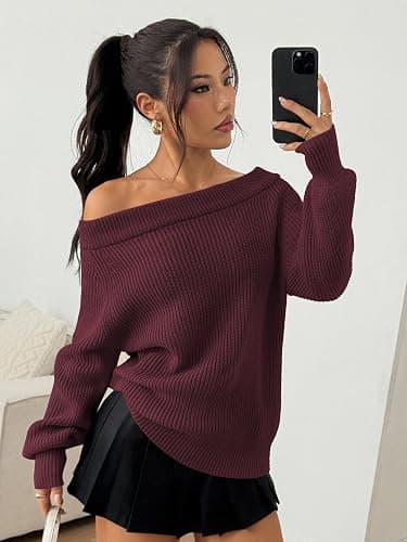 ZAFUL Sweaters for Women Off Shoulder Knit Sweater with Long Sleeve Loose Pullover Jumper Tops thumbnail 3