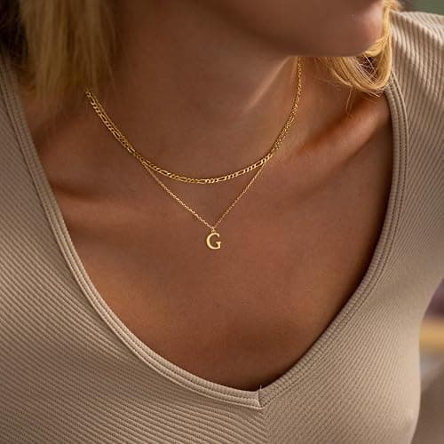 GRCLD Initial Necklaces for Women Dainty Gold Silver Layered Letter Pendant Necklace Cute Figaro Chain Choker Necklace Personalized Trendy Stuff Jewelry Stack Gift for Women Her thumbnail 3