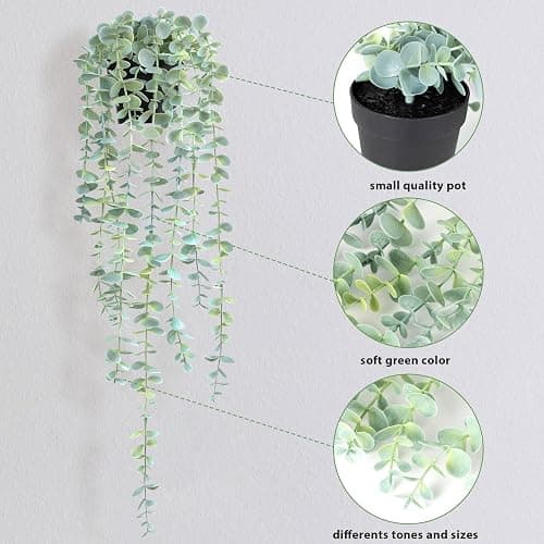 HOFMEFY Fake Hanging Plant Eucalyptus Artificial Faux Plants Indoor Small Wall Greenery Decor for Shelf with Black Pot Soft Green 1PCS 23Inch Long thumbnail 8