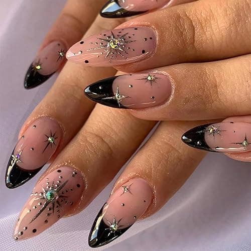 Black French Tip Press on Nails Medium Gold Glitter Rhinestones Design Almond Tip Press Ons False Nail Full Cover Artificial Nails Reusable Handmade Glue on Nails for Women 24Pcs