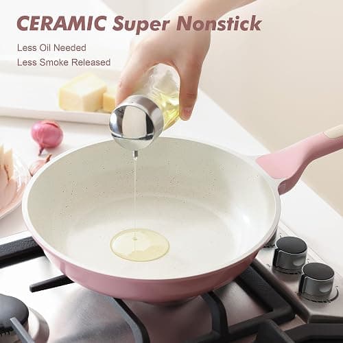SENSARTE 9.5In Nonstick Ceramic Frying Pan with Lid, PFAS/PTFE Free, Pink | Ceramic Omelette Pan Skillet, Healthy Non-toxic Chef's Pan, Induction Compatible Pan, Heat Resistant Handle thumbnail 5