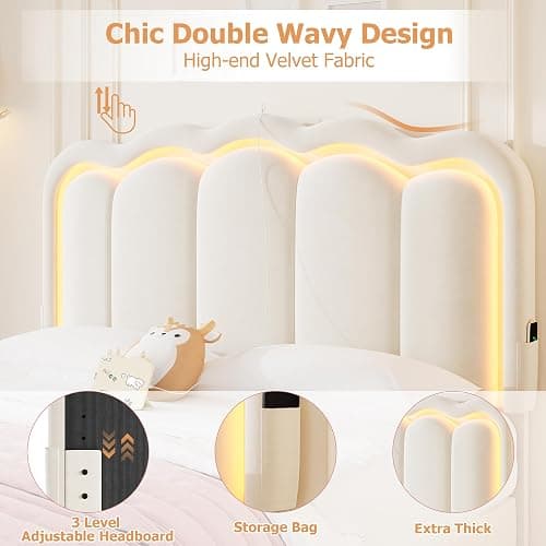 Full Upholstered LED Bed Frame with 2 Storage Drawers and Adjustable Chic Double Wavy Headboard, Velvet Princess Platform Bed with Charing Station, Solid Wood Slats Support,No Box Spring Needed,Beige thumbnail 6