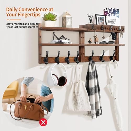29" Coat Rack Wall Mount with Shelf, Pine Two-Tier Wall Shelf Mounted Coat and Key Hanger with 7 Heavy Duty Hooks 4 Key Hooks, Entryway Key Holder with Mail Holder for Bedroom,Living Room (Brown) thumbnail 5