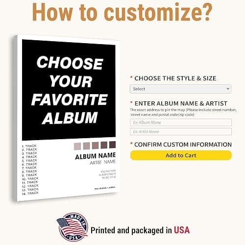 Custom Album Cover Print, Choose Your Own Album, Personalized Music Poster with Tracklist, Framed or Unframed Wall Art Canvas, Gift for Music Lovers, Birthday & Graduation Gift for Him or Her, Dorm Room Music Decor thumbnail 2
