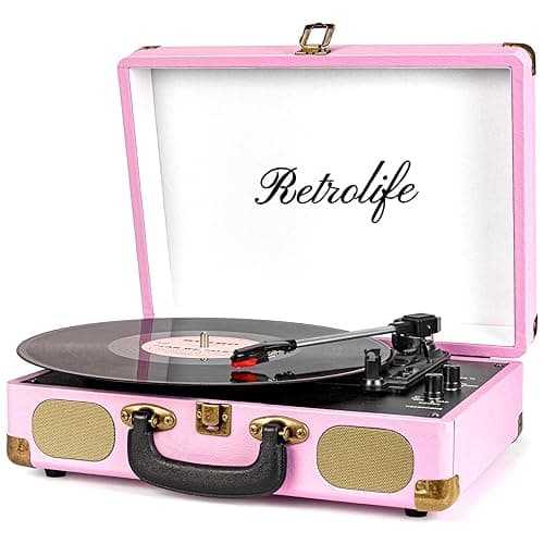 Vinyl Record Player 3-Speed Bluetooth Suitcase Portable Belt-Driven Record Player with Built-in Speakers RCA Line Out AUX in Headphone Jack Vintage Turntable Pink - Image 1