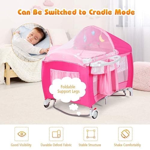 Costzon 4 in 1 Pink Pack and Play with Bassinet, Portable Baby Playard with Adjustable Canopy, Side Zipper Entrance, Music Box, Wheels/Brake, Foldable Infant Pink Bassinet for Baby Girl Toddlers thumbnail 7