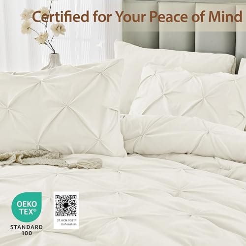 Sasttie Queen Comforter Set, 7-Piece Bed in a Bag, Pintuck Bedding Sets for All Season, Includes Comforter, Flat Sheet, Fitted Sheet, Pillowcases and Pillowshams, Ivory thumbnail 4